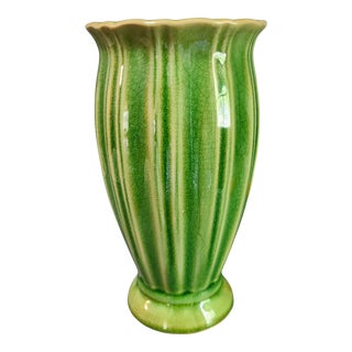 Vintage Mid-Century Modern Glazed Crackled Pottery Grass Green Vase For Sale
