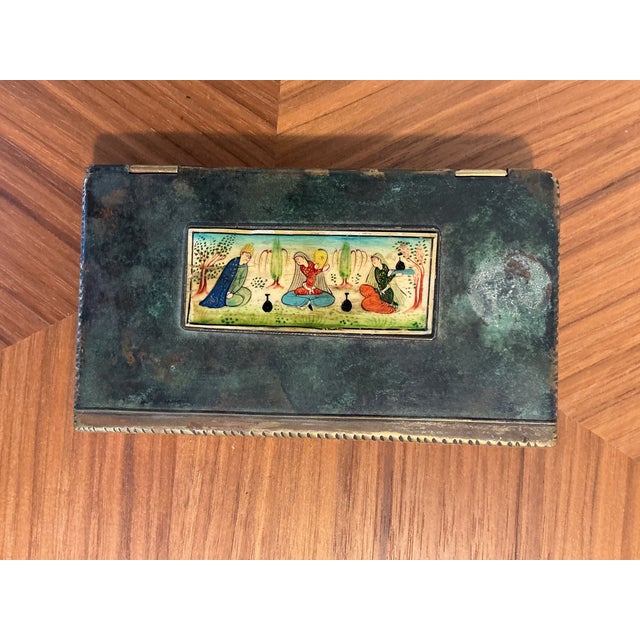 Antique Persian Painted Brass Jewelry Box With Miniature Scene, C. 1900 For Sale - Image 9 of 11