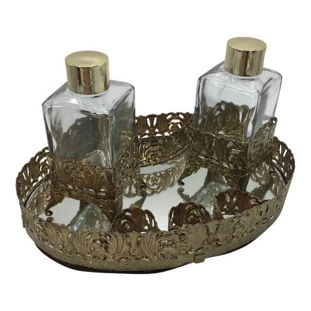 Hollywood Regency Vanity Set Vintage 1950s Ormolu Filigree Gold Gilt Vanity Set Perfume Bottles, Oval Mirrored Tray and Lipstick Holders - 3 Piece Set For Sale