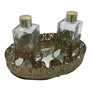 Hollywood Regency Vanity Set Vintage 1950s Ormolu Filigree Gold Gilt Vanity Set Perfume Bottles, Oval Mirrored Tray and Lipstick Holders - 3 Piece Set