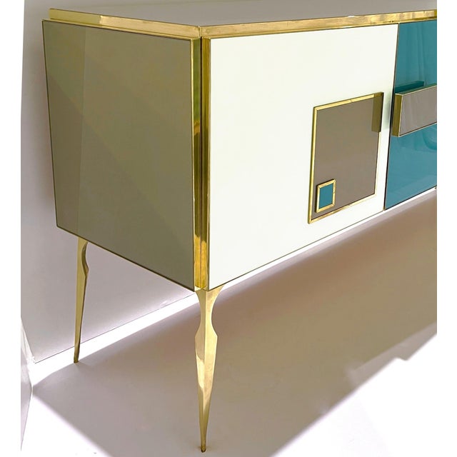 Modern Italian Ivory Gray Teal Blue Geometric Postmodern Brass Cabinet Sideboard For Sale - Image 4 of 11
