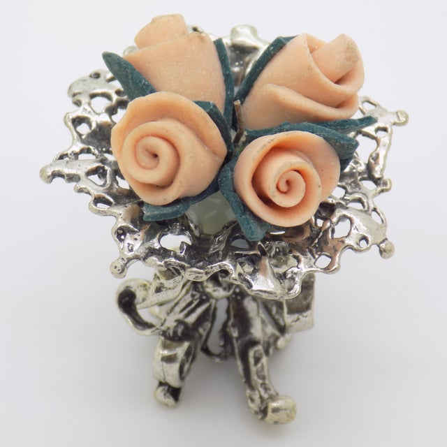 Metal Vintage Italian Handmade Genuine Silver & Salt Dough Flower Bouquet Dollhouse Miniature For Sale - Image 7 of 12