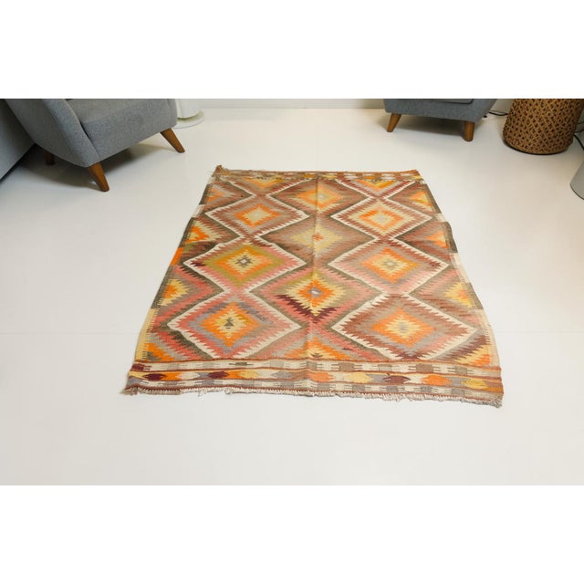 Mid 20th Century Terracotta and Ochre Diamond Design Kilim For Sale - Image 4 of 10