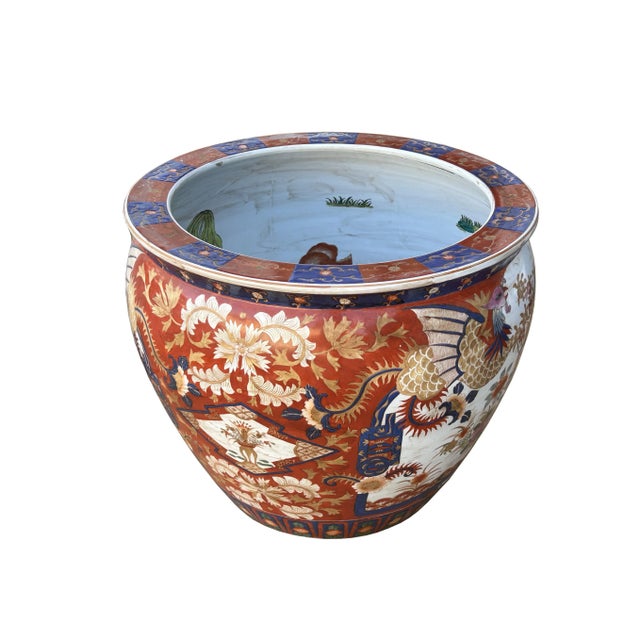 1980s Oriental Vintage Porcelain Red Copper Color Phoenix Graphic Pot Planter For Sale - Image 5 of 12