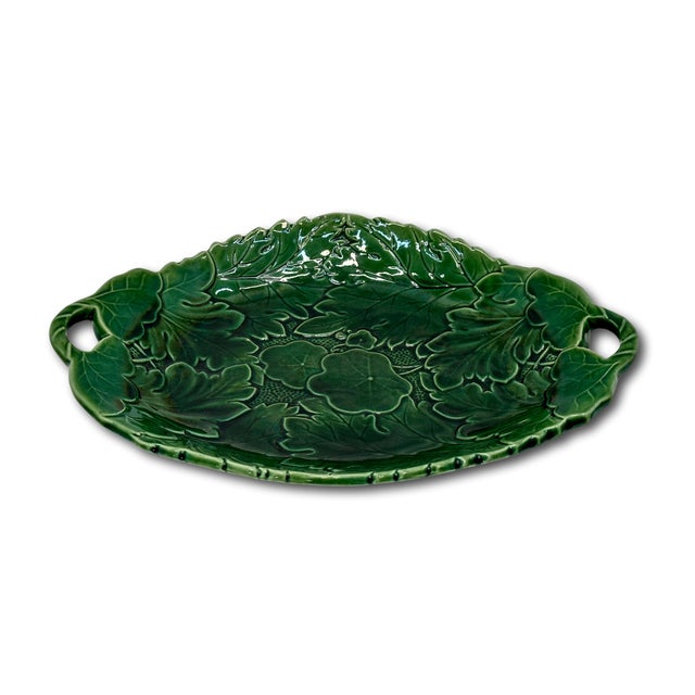Dark Green 1900s Antique Green English Embossed Leaf Majolica Two Handle Serving Tray - 12 Inches Long For Sale - Image 8 of 13