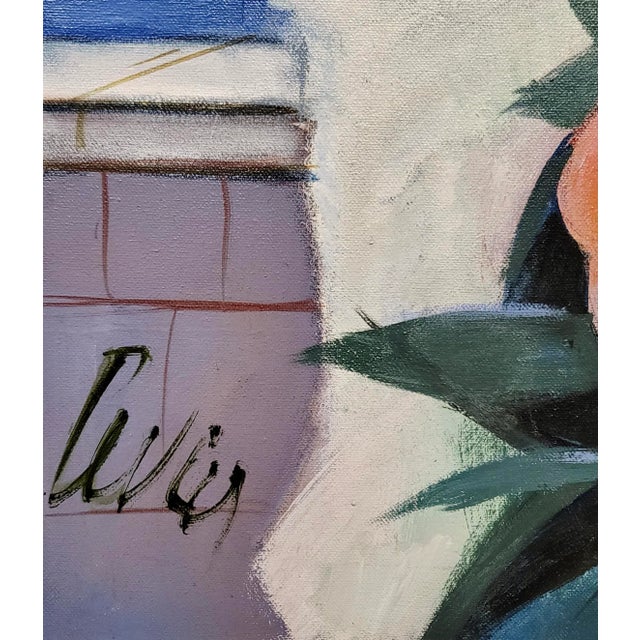 Textile Charles Levier -Woman in White W/Flowers at the Marina - Oil Painting For Sale - Image 7 of 10