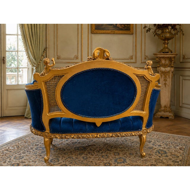 1940 French Artisan Louis XVI Gold Blue Beech Settee For Sale - Image 13 of 17