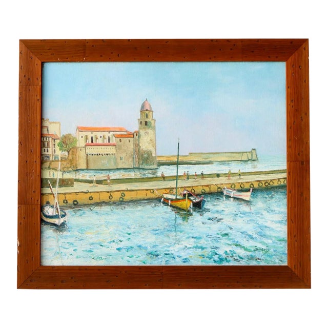 Midcentury French Harbor Oil Painting For Sale