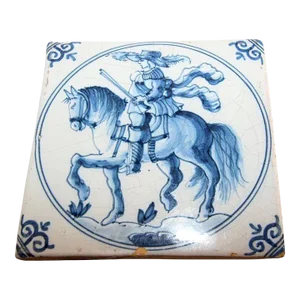 Early 20th Century Delft Ceramic Decorative Tile Featuring a Man on Horse