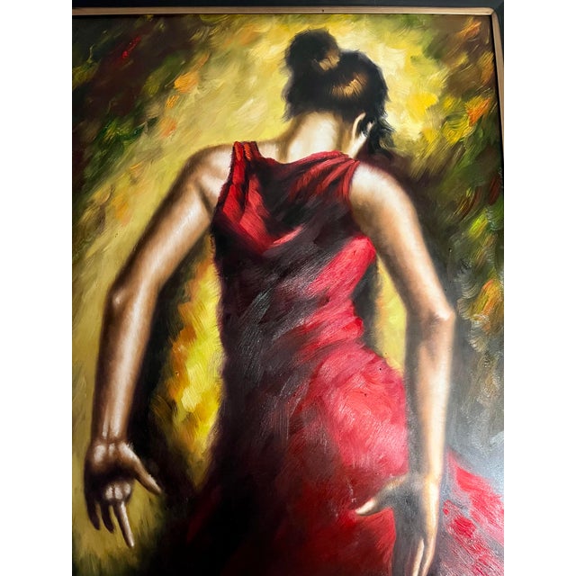 This elegant early 21st century oil on canvas captures the passion and intensity of a Spanish flamenco dancer mid-...
