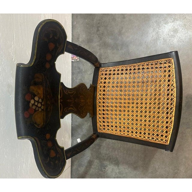 Black 18thc Pair of Stenciled Pair of Cane Seat Chairs For Sale - Image 8 of 11
