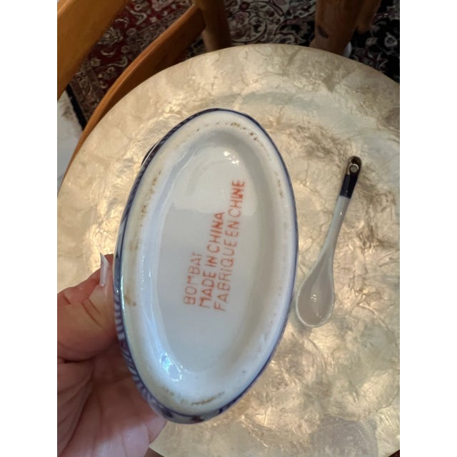 Asian Vintage Blue & White Sugar Bowl With Spoon For Sale - Image 3 of 4