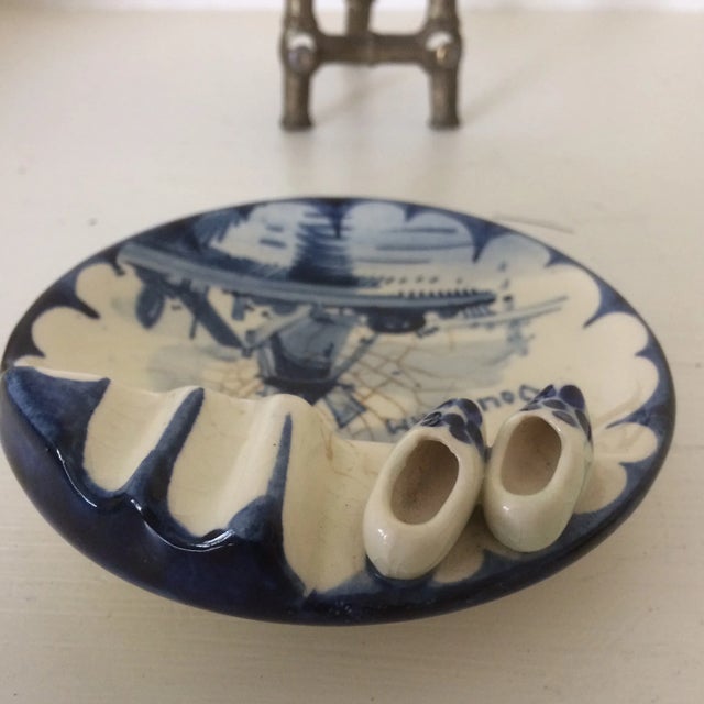 Traditional Vintage Blue and White Delft Ashtray With Brass Stand For Sale - Image 3 of 13