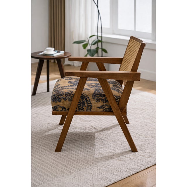 Mid-Century Lounge Chair – Rattan Back, Upholstered in Designer Dedar Tiger Mountain For Sale - Image 4 of 4