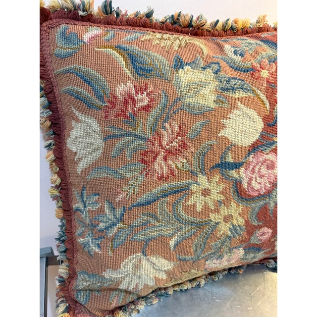 Red Floral Needlepoint Fringed Down-Filled Pillow For Sale - Image 4 of 5