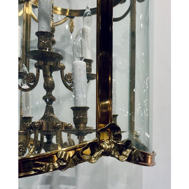 Original retail $12,160, elegant Myran Allan Luxury Lighting Neoclassical Italian Empire Brass Lantern, glass panes,...