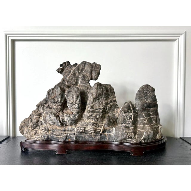 Chinese 19th Century Large Chinese Horizontal Gray Lingbi Scholar Stone with Grotto on Display Stand For Sale - Image 3 of 12