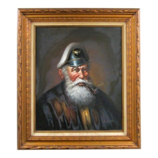 1970s M. King Oil Painting Portrait of a Sea Captain Smoking a Pipe Signed and Framed For Sale