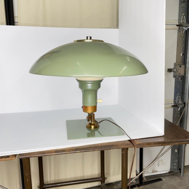 Mid Century Green Flying Saucer Table Lamp | Chairish