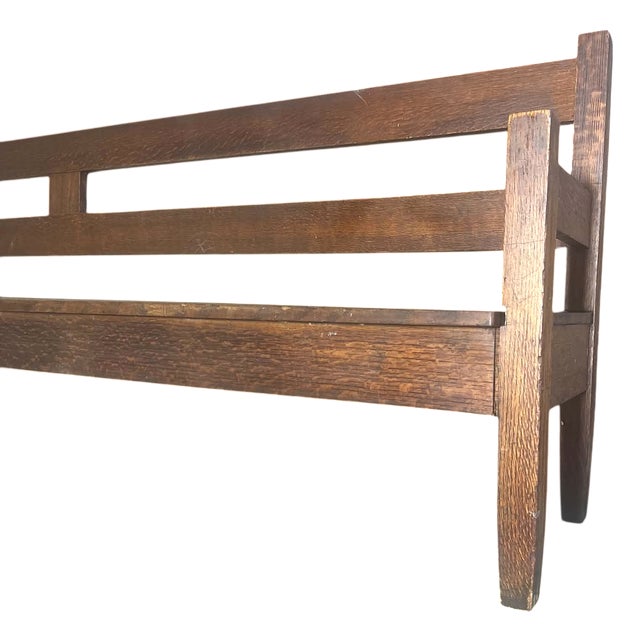Arts & Crafts Antique Stickley Style Arts and Crafts Quarter Sawn Oak Bench 10’ Long - Circa 1910 For Sale - Image 3 of 8