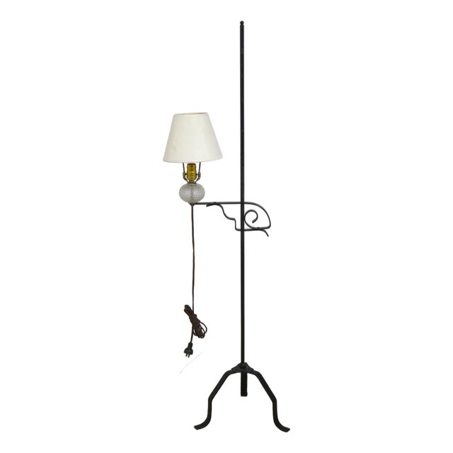 Vintage Colonial Style Iron & Hobnail Glass Tripod Floor Lamp For Sale