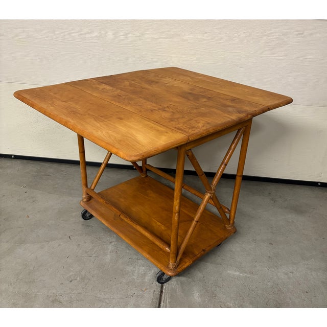 Heywood-Wakefield 1950s Heywood-Wakefield Birch Rattan Drop Leaf Bar Serving Cart For Sale - Image 4 of 9