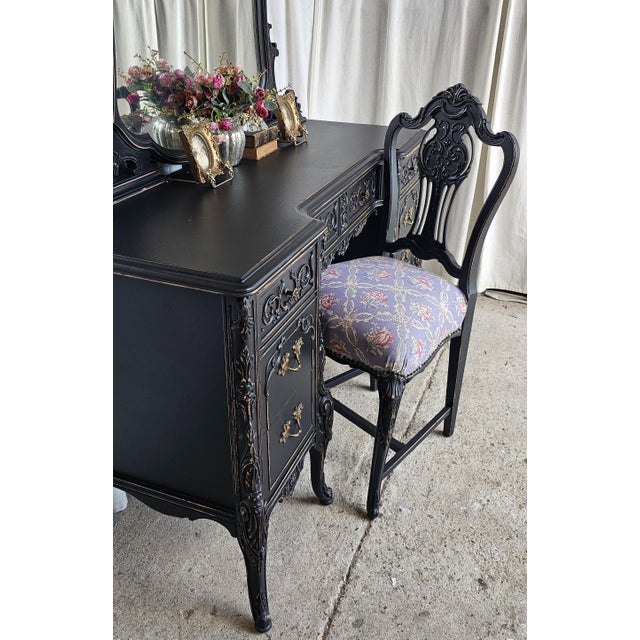 1930s Black Vanity With Chair, 1930s Parisian, Romantic Style For Sale - Image 5 of 18