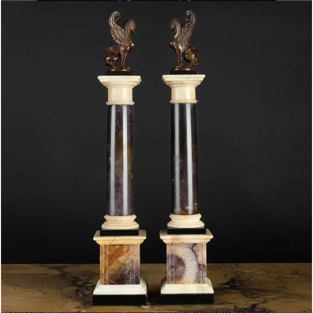 Purple Pair, Grand Tour Neoclassical Bronze & Marble Mounted Blue John Specimen Columns For Sale - Image 8 of 10