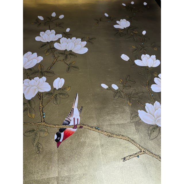 Chinoiserie Single Hand Painted Gold Leaf Chinoiserie Wallpaper Panel, Magnolia & Pheasant Bird Mural, Custom Size Available For Sale - Image 3 of 7