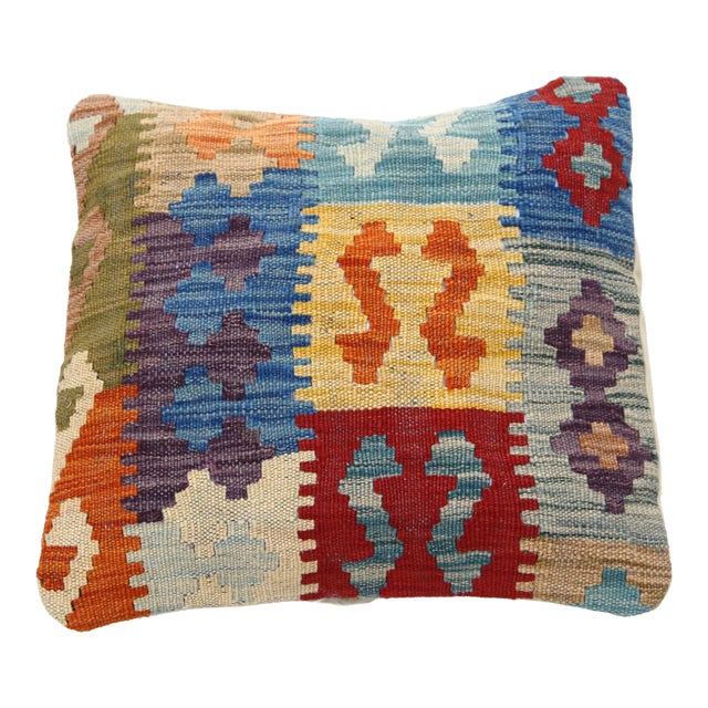 Arteverk Handwoven Afghan Kilim Pillow — Blue & Red Tribal Figures For Sale