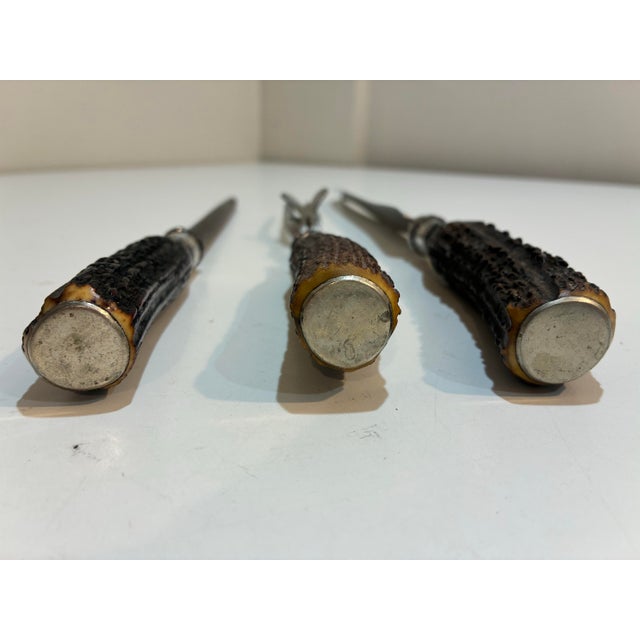 Vintage Stag Antler Carving Set - English Sheffield W/ Sterling Silver Ferrules - 3 PCS For Sale - Image 11 of 11