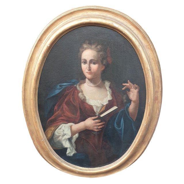 Oval Portrait of Lady with a Fan, 18th Century, Oil on Canvas, Framed For Sale