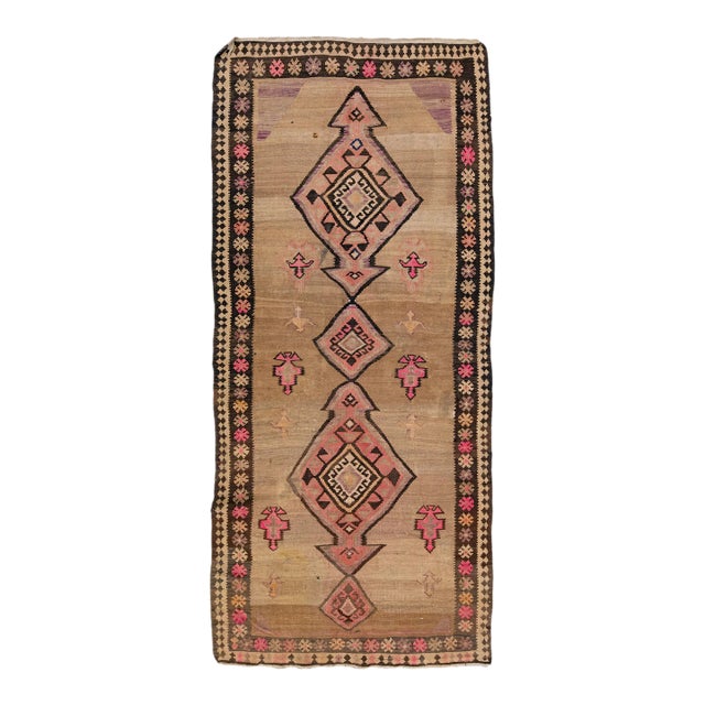 1960s Vintage Turkish Kilim Tan Handmade Tribal Wool Rug For Sale