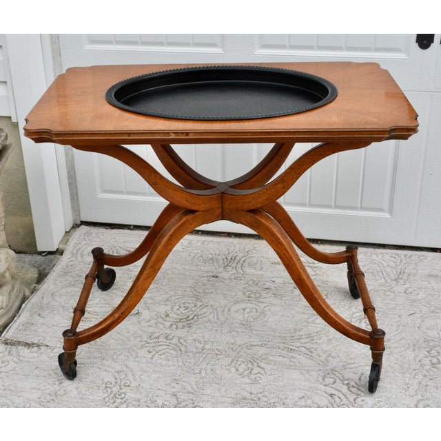 Wood Fruitwood Serving Cart Mid Century Modern Removable Tray Rolling Bar Table 60s For Sale - Image 7 of 12