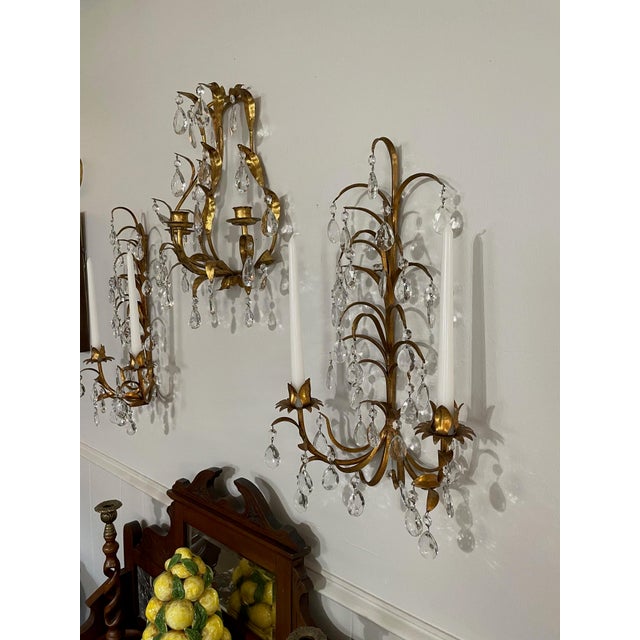 Vintage 19.5" Italian Tole and Crystals Candle Sconces - A Pair For Sale - Image 16 of 17