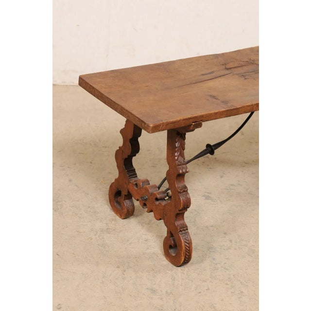 Brown Antique Spanish Wooden Coffee Table with Carved Lyre-Legs and Iron Stretchers For Sale - Image 8 of 13