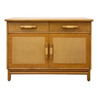 Vintage Coastal Wicker Rattan Blonde Buffet Natural Wood Two Drawer Cabinet For Sale