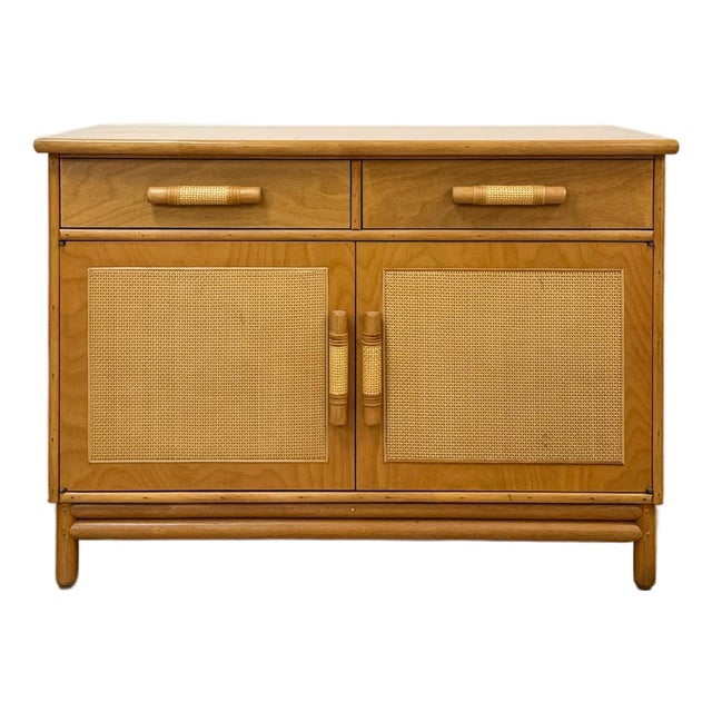 Vintage Coastal Wicker Rattan Blonde Buffet Natural Wood Two Drawer Cabinet For Sale