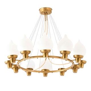 Scandinavian Modern Hanging Lamp in Brass and Opaline Glass by Hans Bergström, 1940s For Sale