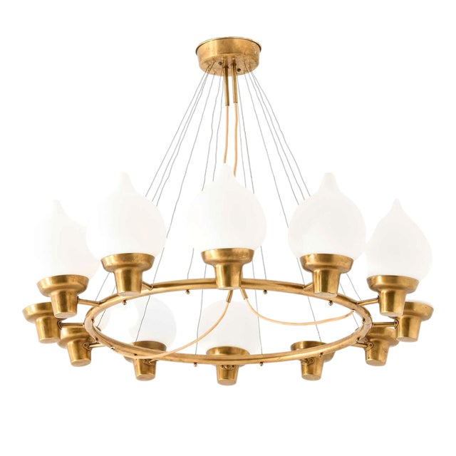 Scandinavian Modern Hanging Lamp in Brass and Opaline Glass by Hans Bergström, 1940s For Sale