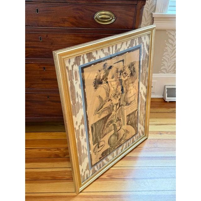 Early 20th Century Ruth Bunny Baldwin Floral Mixed Media Still Life on Ikat Cowtan and Tout Fabric in Gold Frame For Sale - Image 4 of 7