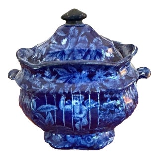 18th Century Staffordshire Flow Blue Transferware Sugar Bowl & Lid Enoch Wood Cupid Design With Make Do Handle For Sale