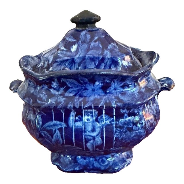 18th Century Staffordshire Flow Blue Transferware Sugar Bowl & Lid Enoch Wood Cupid Design With Make Do Handle For Sale