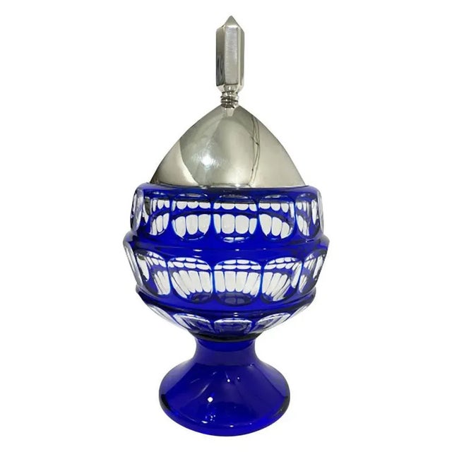 Metal German Blue Bohemian Crystal Bowl with Silver Lid by Hermann Behrnd, Dresden For Sale - Image 7 of 7