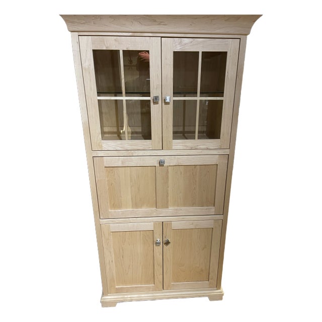 Ohio Amish-Built Solid Hard Maple Fall-Front Desk With Clear Coating, Featuring a Lighted Display, a Glass Shelf Above, and Storage Below. For Sale