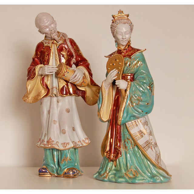 Vintage Italian Ceramic Sculptures Chinoiserie Glazed Terracotta Figures - A Pair For Sale - Image 14 of 15