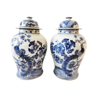 Blue & White Porcelain Ginger Jars - A Pair For Sale