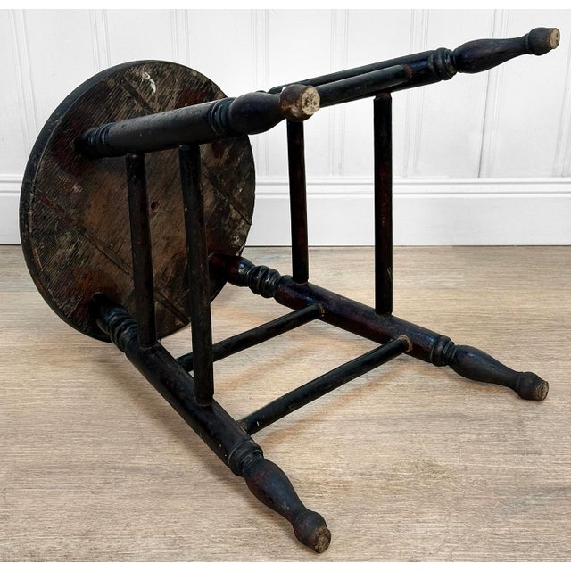 Antique Primitive Farmhouse Black Wood Round Milking Stool For Sale - Image 9 of 9