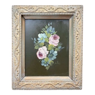 Fantastic Original Antique Botanical Oil Painting Victorian Still Life Roses Dogwood Antique Frame For Sale
