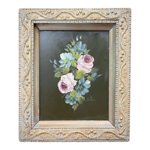 Fantastic Original Antique Botanical Oil Painting Victorian Still Life Roses Dogwood Antique Frame